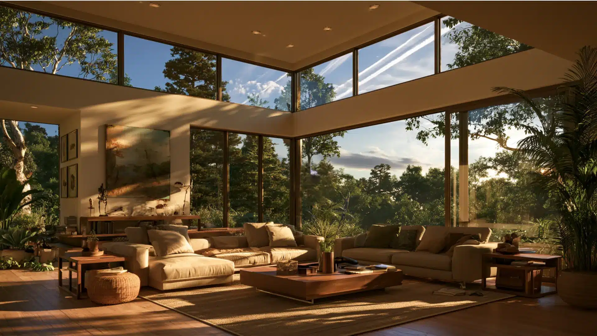 Clerestory windows frame sky and treetops from modern living room.