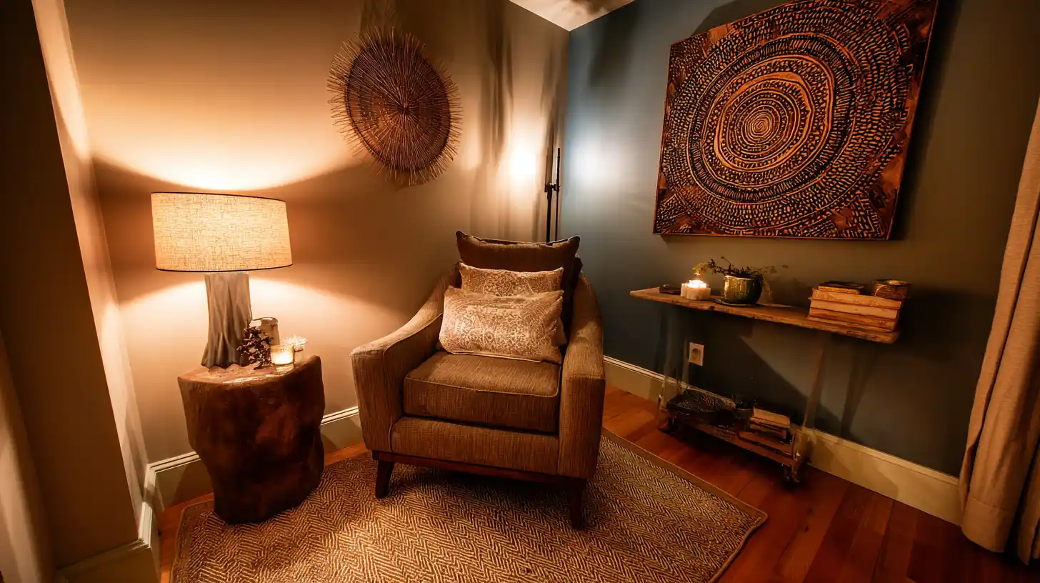 Cozy man cave corner with an armchair warm lighting wall art and wooden flooring
