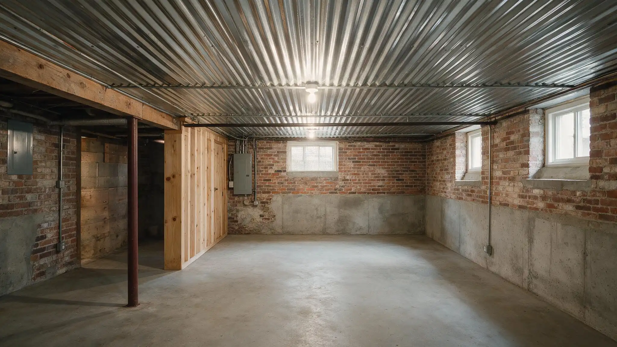 Empty basement with brick and concrete walls, a corrugated metal ceiling, small windows, and a wooden partition wall on the left.