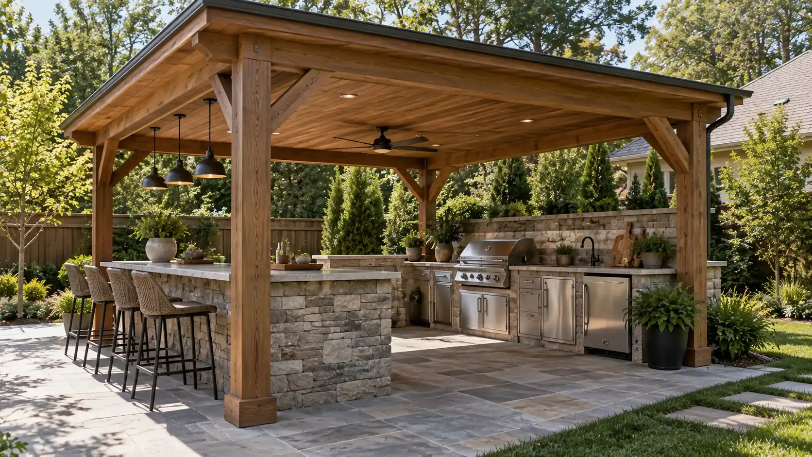 Covered wooden pergola sheltering an outdoor kitchen with grill stone counters bar seating and landscaped backyard garden