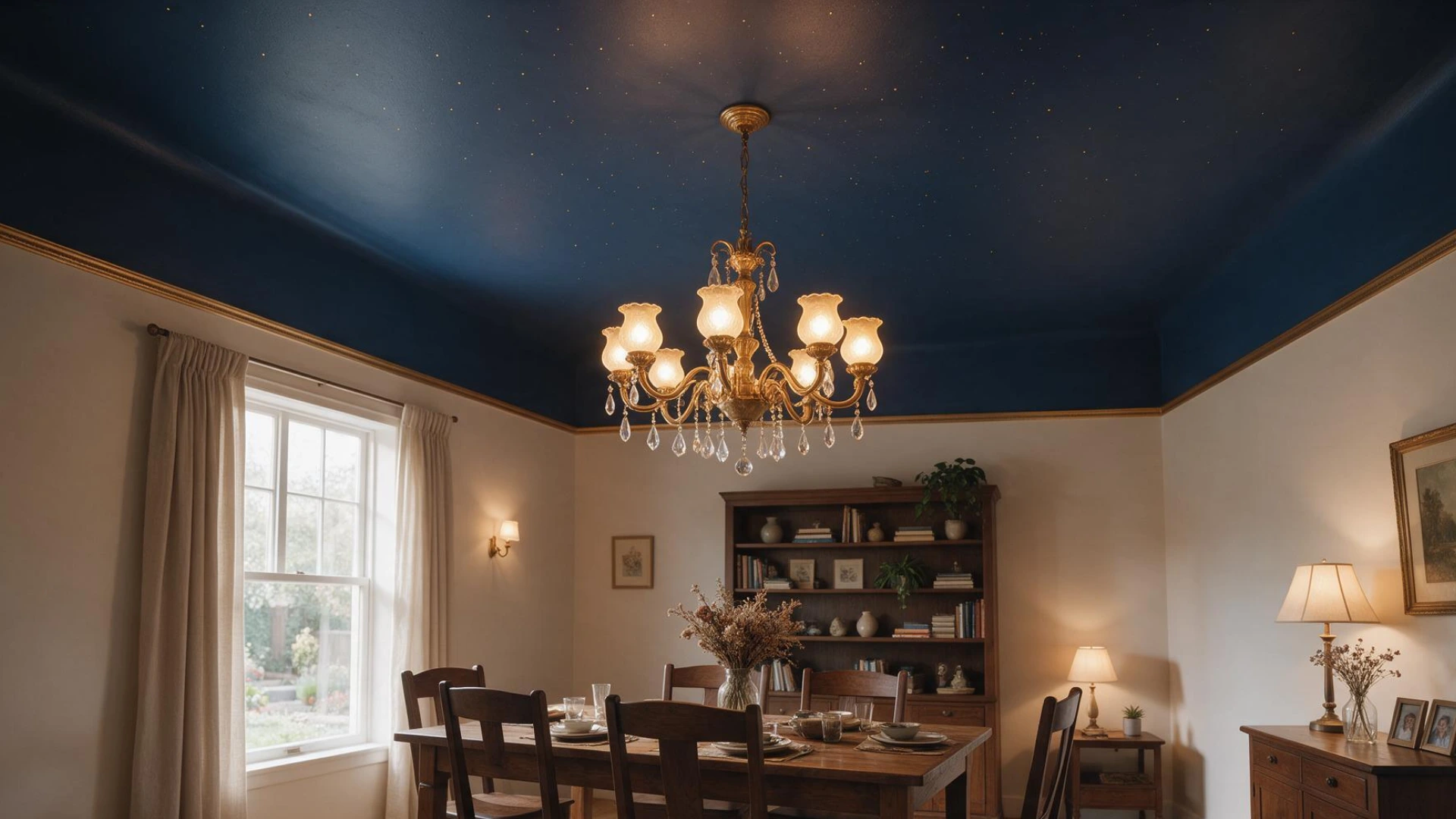 Cozy dining room with deep navy ceiling elegant chandelier wooden furniture warm lamps and cream walls.