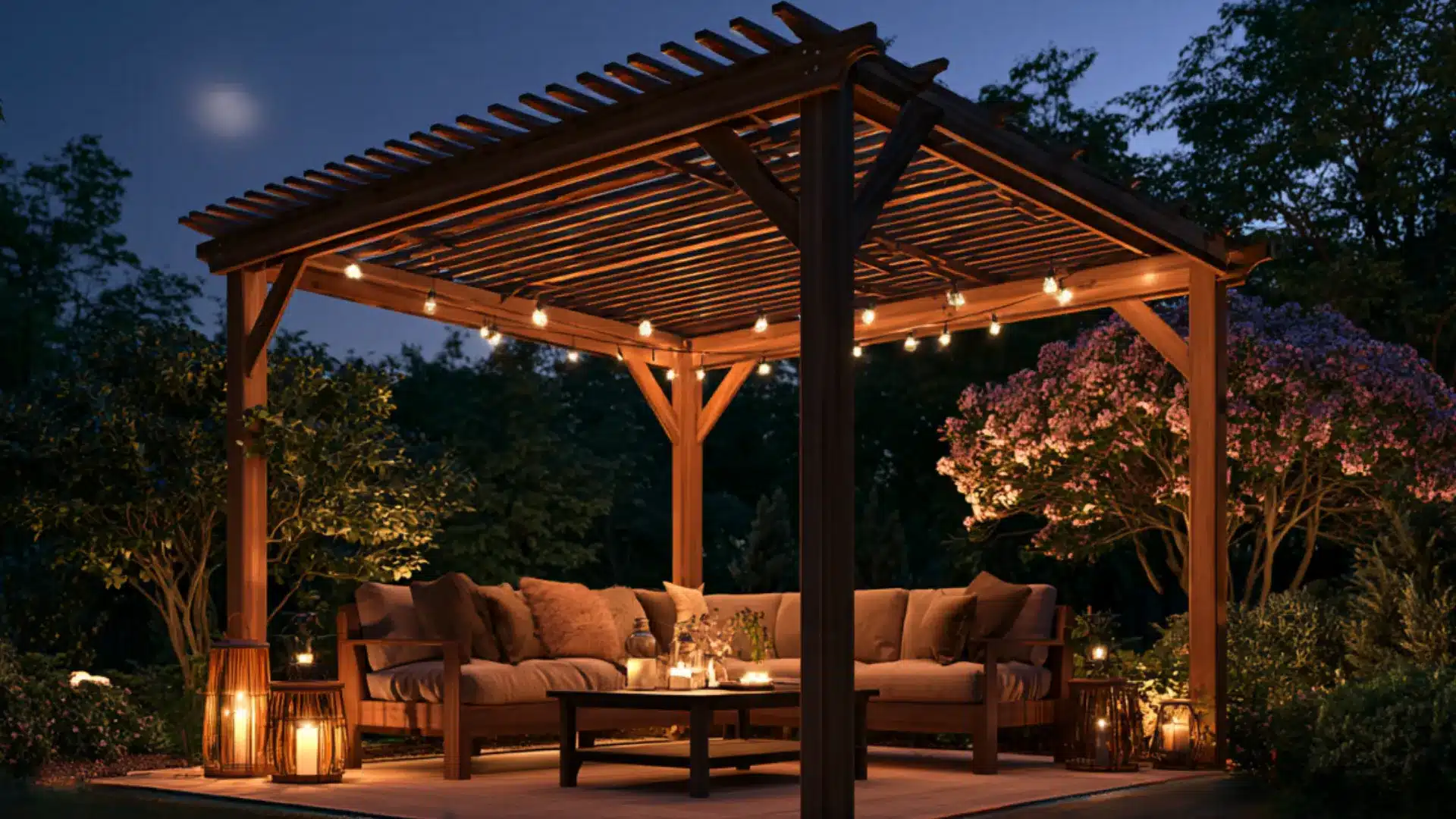 Wooden pergola at night with cushioned outdoor seating warm hanging lights lanterns and dark garden surroundings