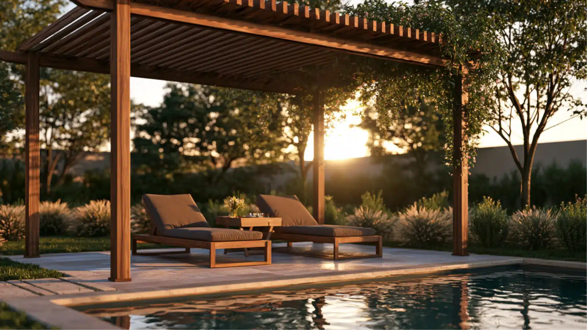 Wooden pergola beside a backyard pool with two cushioned lounge chairs a small table greenery and warm sunset light