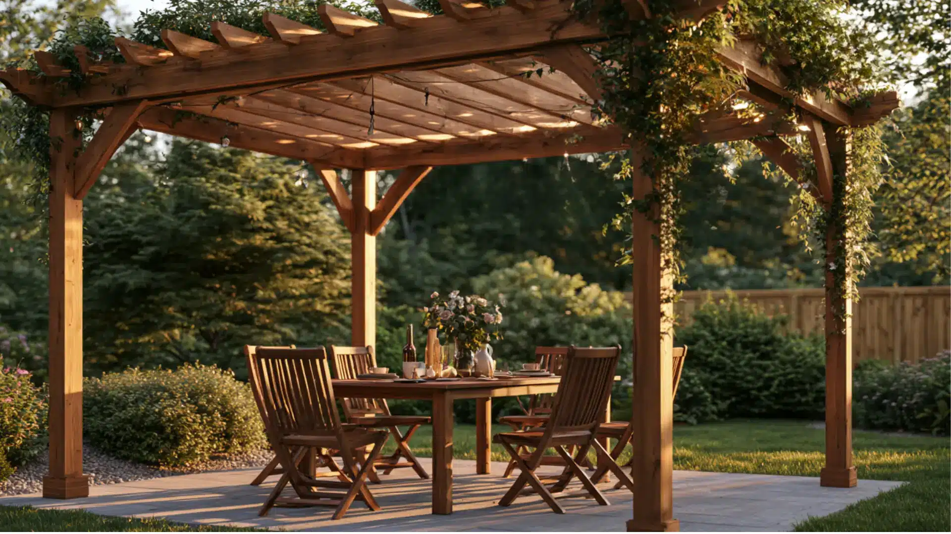 Wooden pergola over an outdoor dining table and chairs on a patio surrounded by green garden plants at warm sunset
