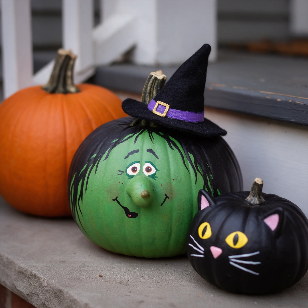 Green witch-painted pumpkin wearing a felt hat alongside a black cat pumpkin.