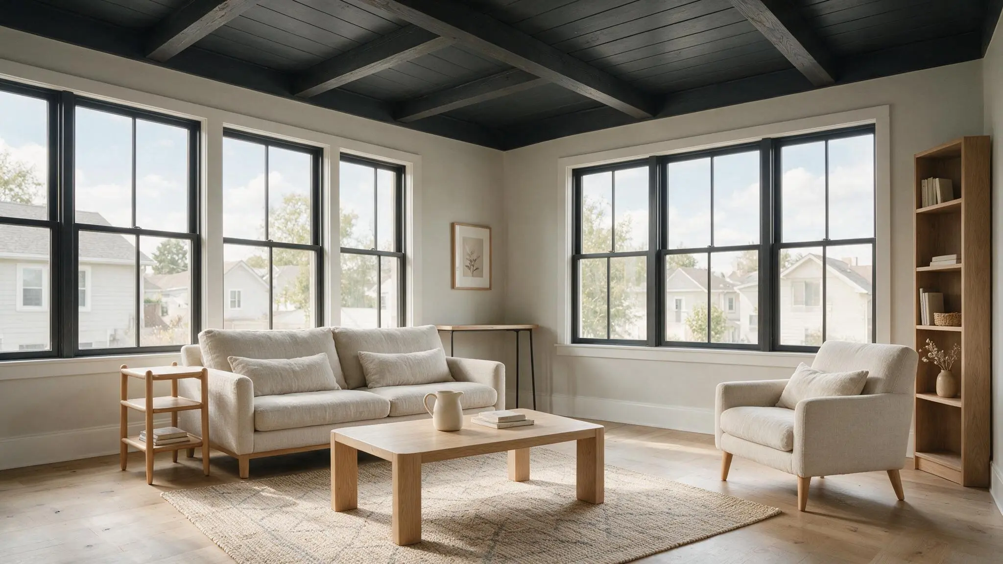A stylish living room with a dark shiplap ceiling light walls large black framed windows neutral furniture and natural wood accents