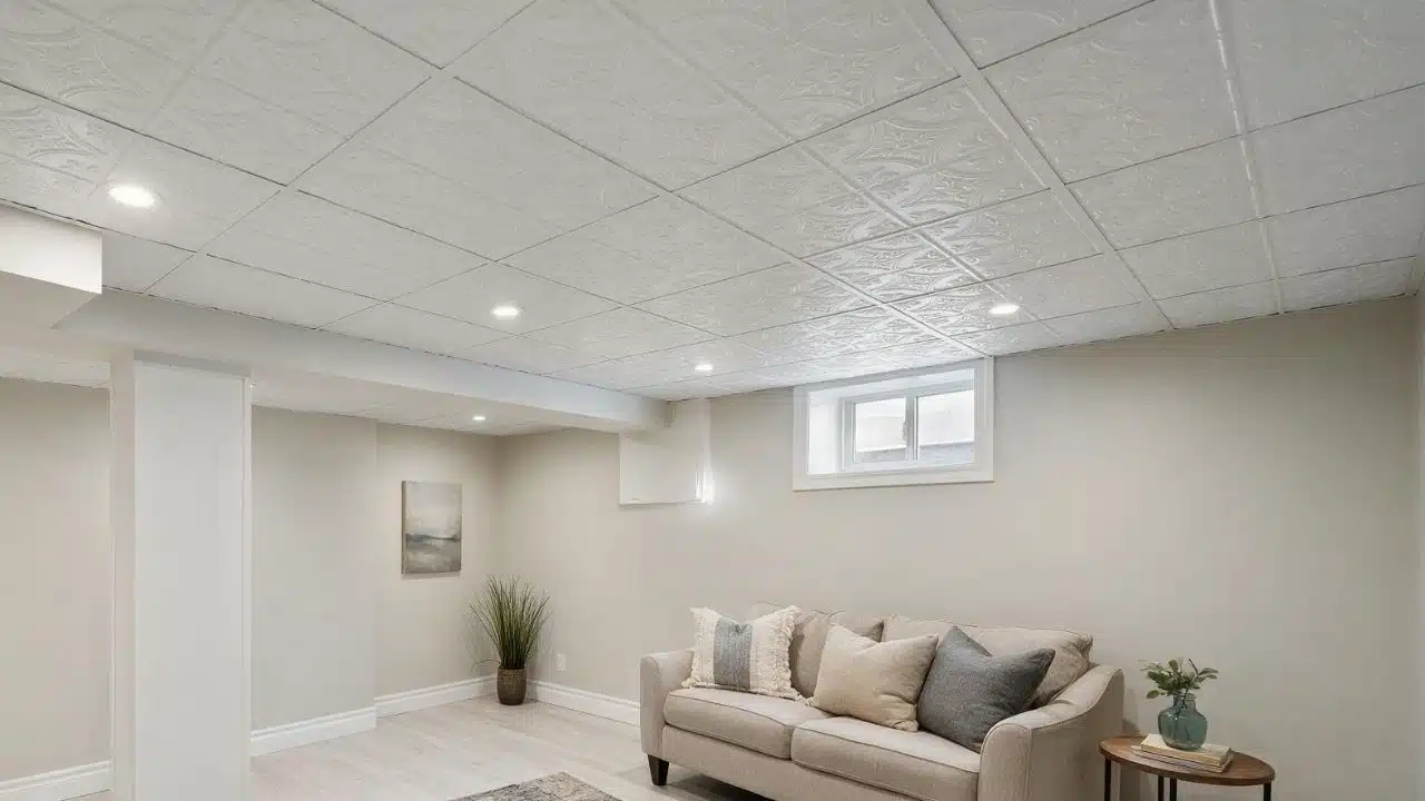 A tidy basement featuring a comfortable couch and a coffee table, creating a cozy living space.