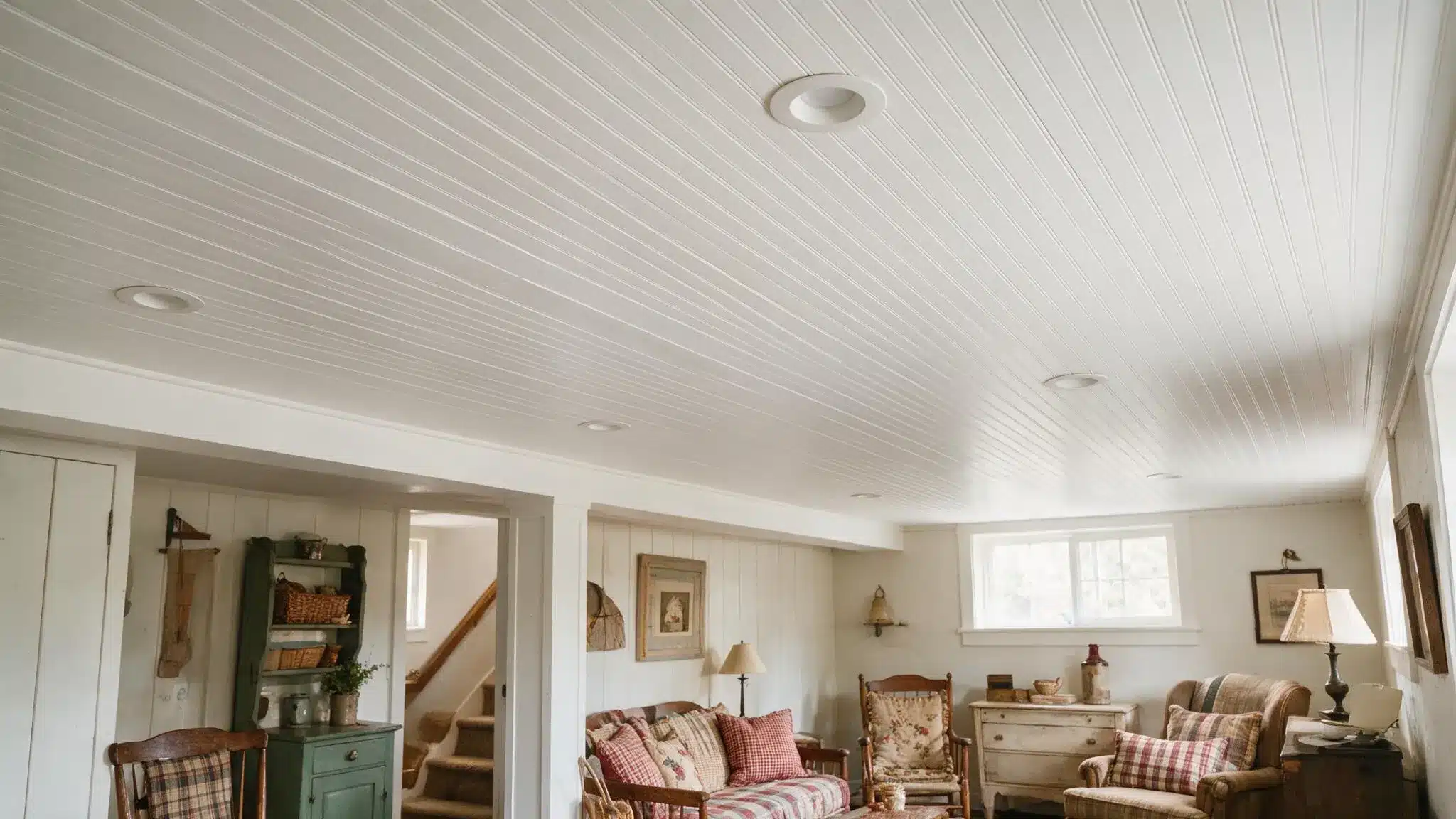 A cozy living room with a white beadboard ceiling, plaid sofas and armchairs, table lamps, and a small window above a dresser
