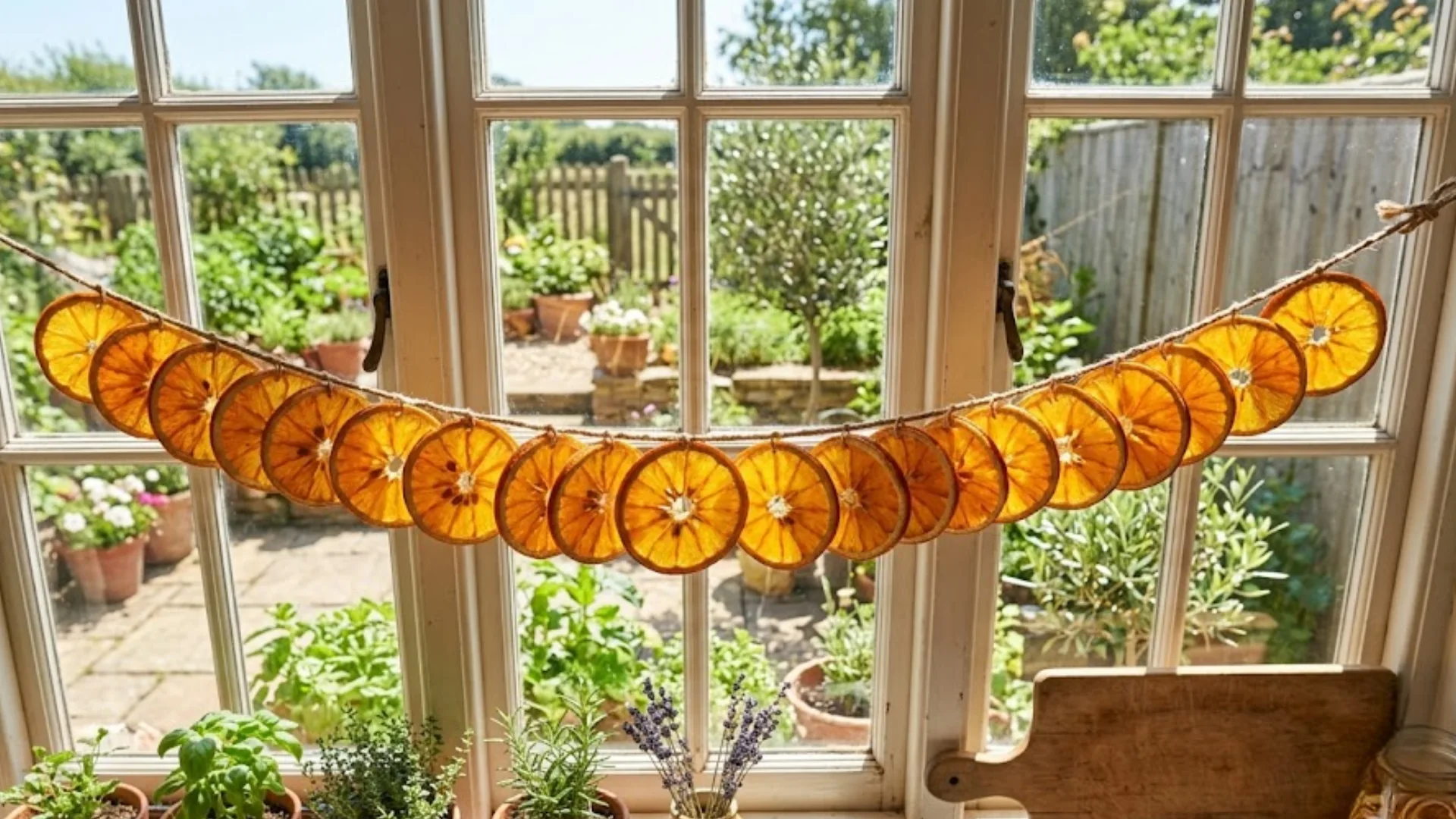 Dried orange slice garland strung along a bright window overlooking a garden.