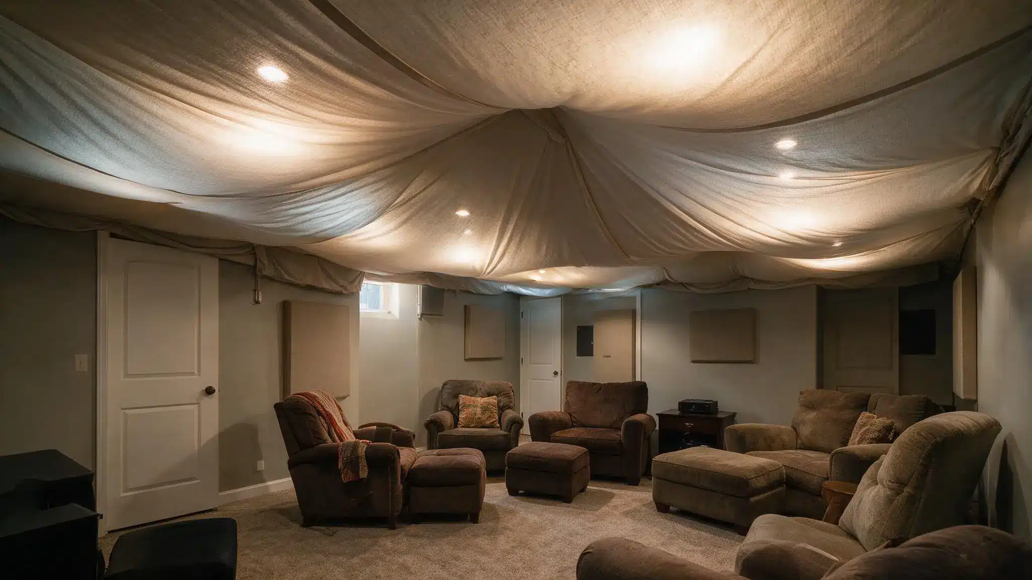 A basement room with brown recliners and ottomans around the walls, fabric draped across the ceiling over recessed lights