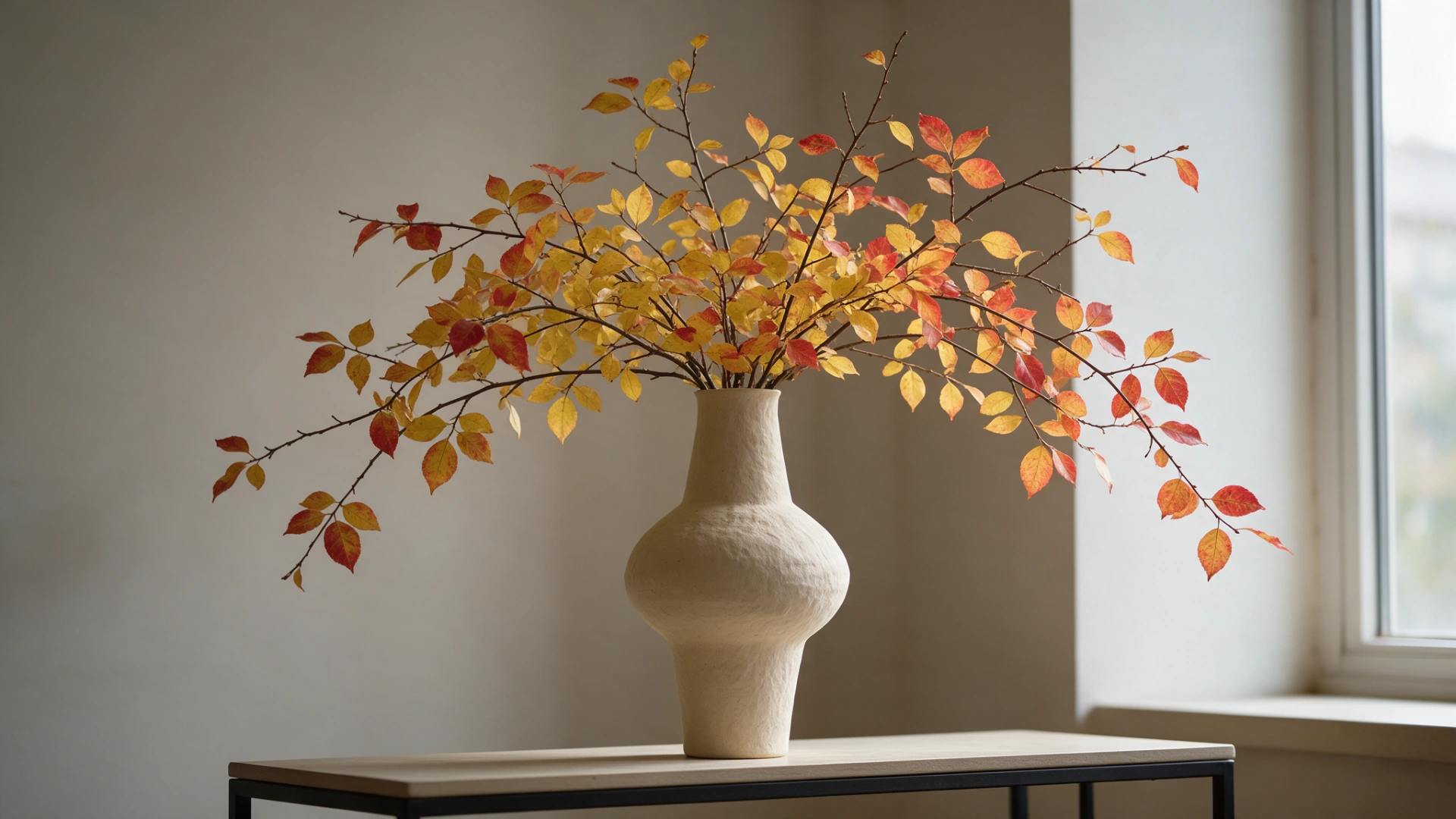 Ceramic vase filled with leafy autumn branches displaying vibrant red and yellow foliage.