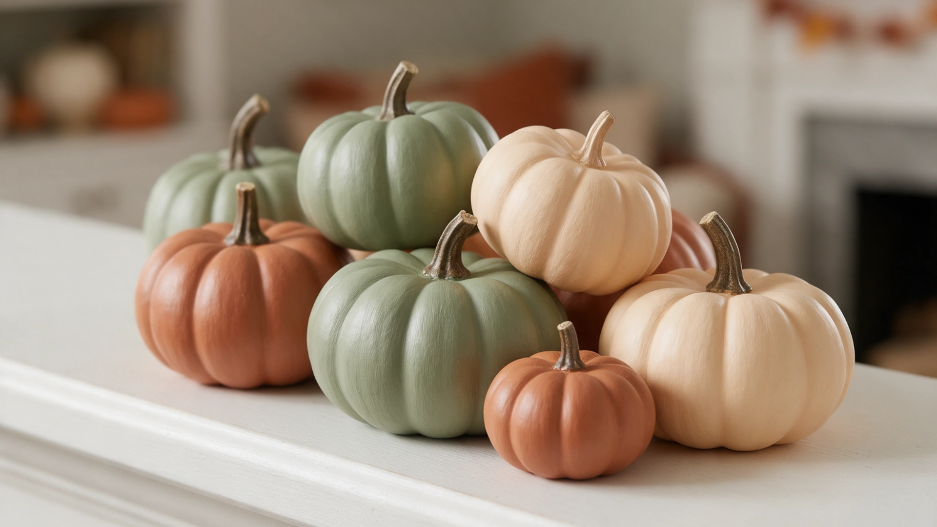 Stacked colorful mini pumpkins in muted green, terracotta, and cream on a mantel.