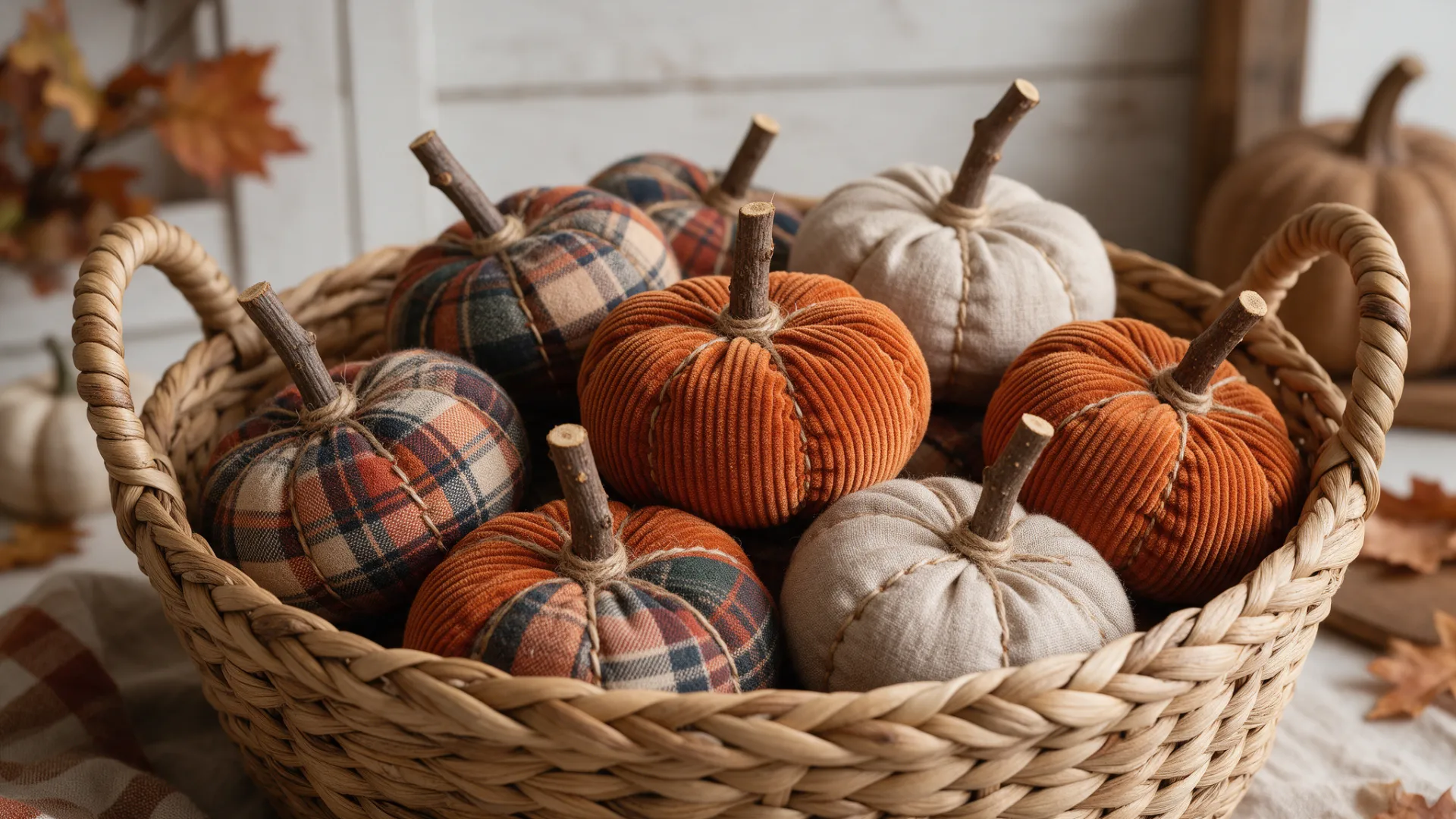 Fabric fabric-covered plush pumpkins in plaid, corduroy, and cream inside a woven basket.