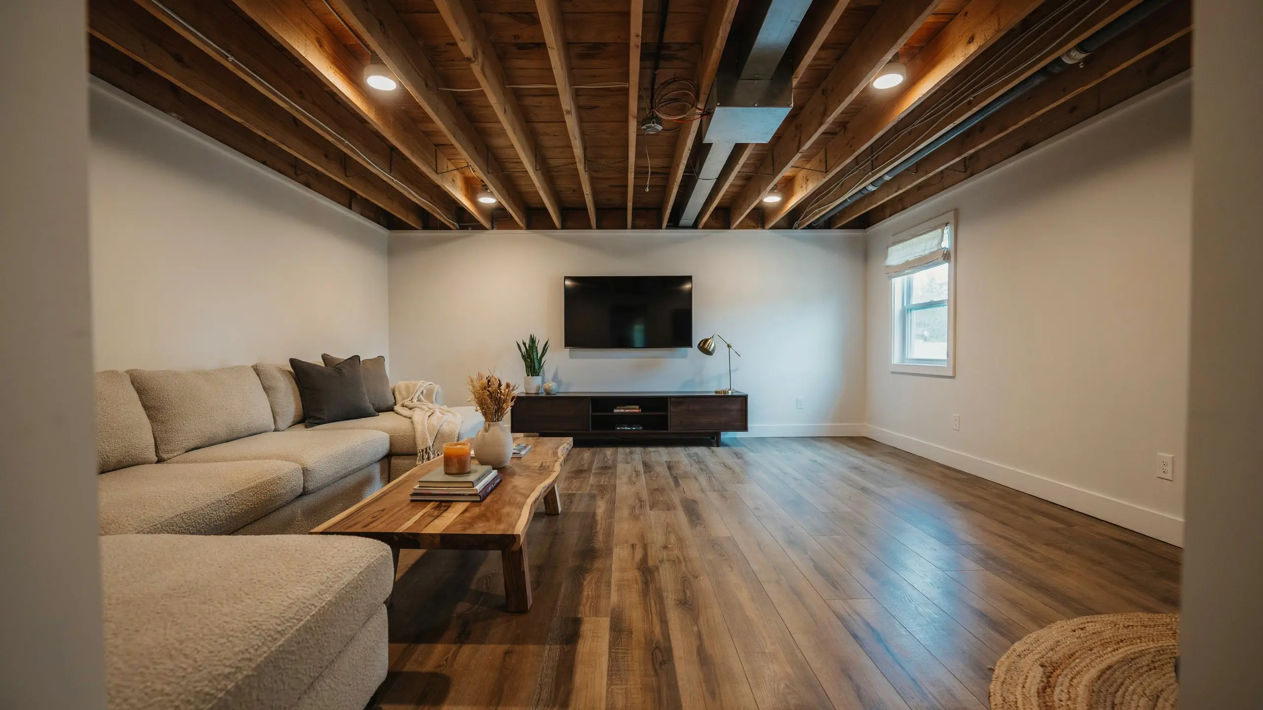 A cozy living room featuring wooden floors and a television, creating a warm and inviting atmosphere.