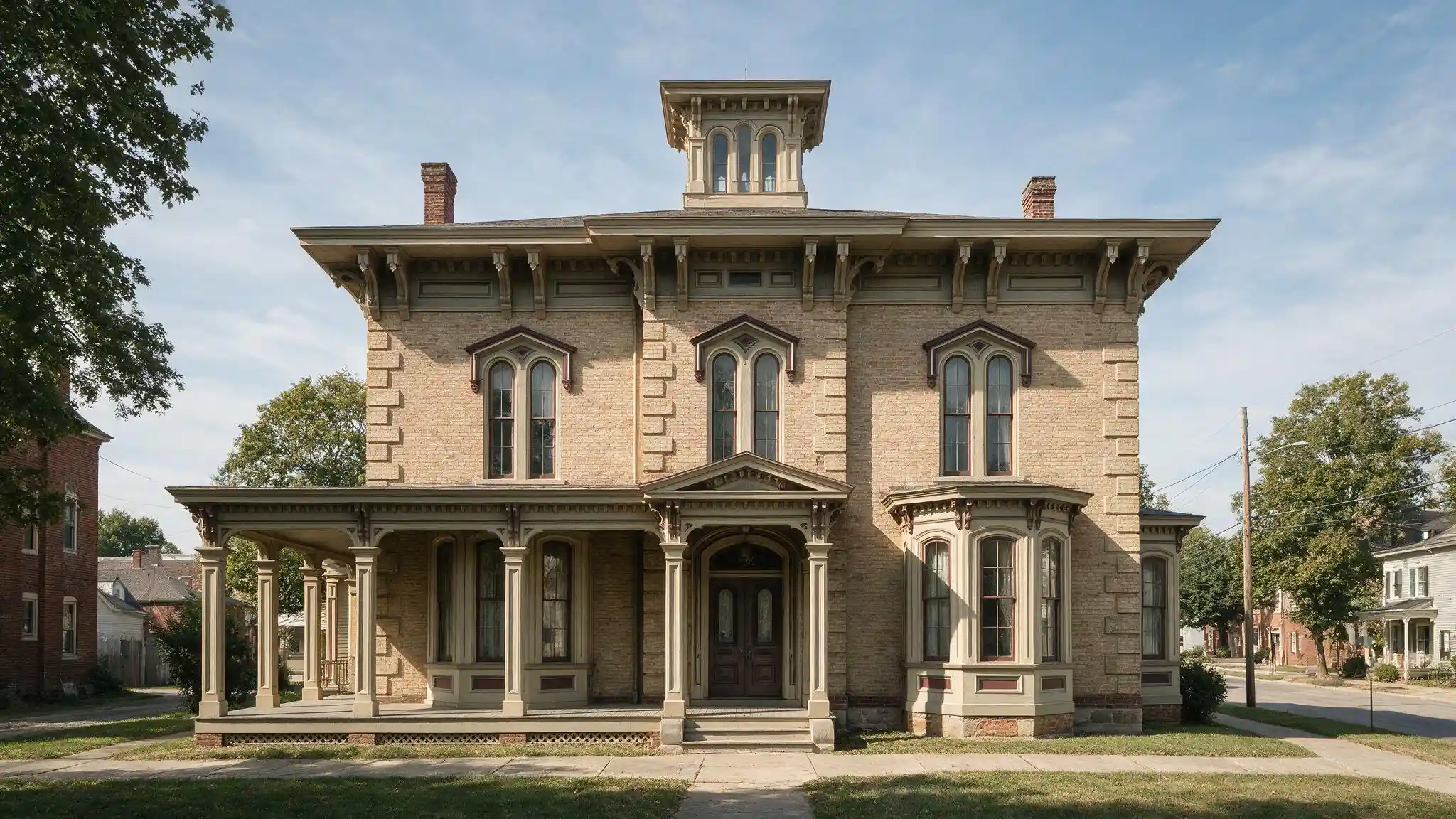 Historic Italianate house with cupola tall arched windows bracketed eaves bay window and wide covered front porch