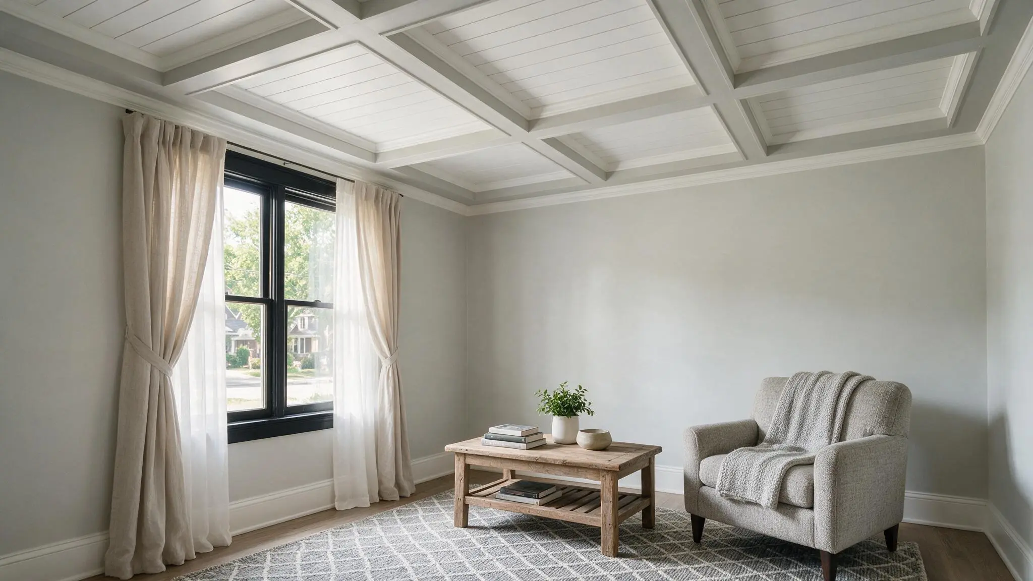 A refined sitting room with a white coffered shiplap ceiling neutral walls a wooden coffee table and comfortable upholstered seating