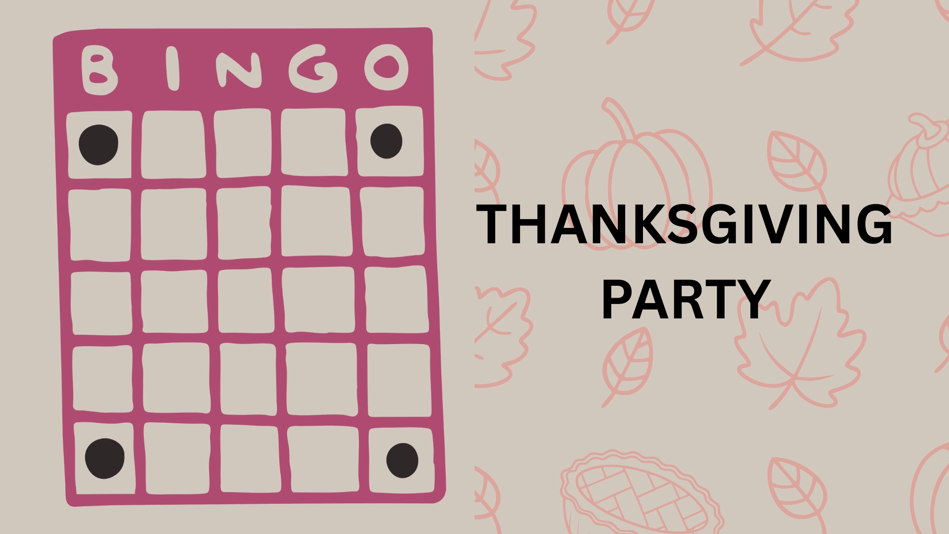 Thanksgiving party bingo card with pumpkin and fall leaf illustrations, designed as a fun seasonal game for family and friends.
