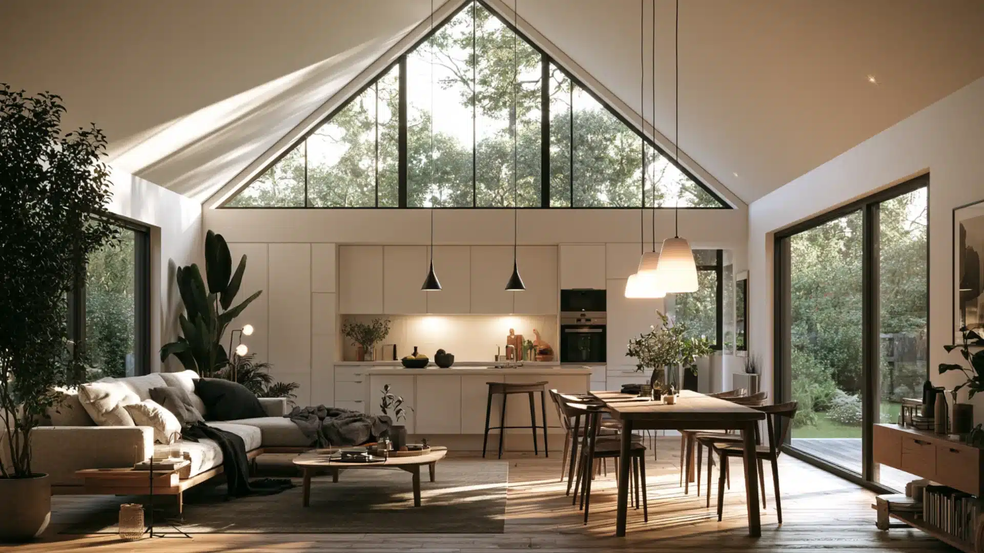 Modern living room featuring a gable roof with allowing natural light to illuminate the space.