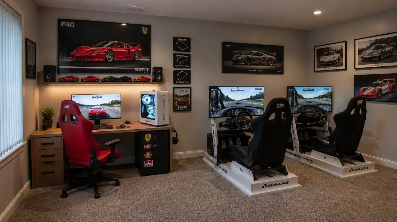 Gaming man cave with racing simulators and a workstation