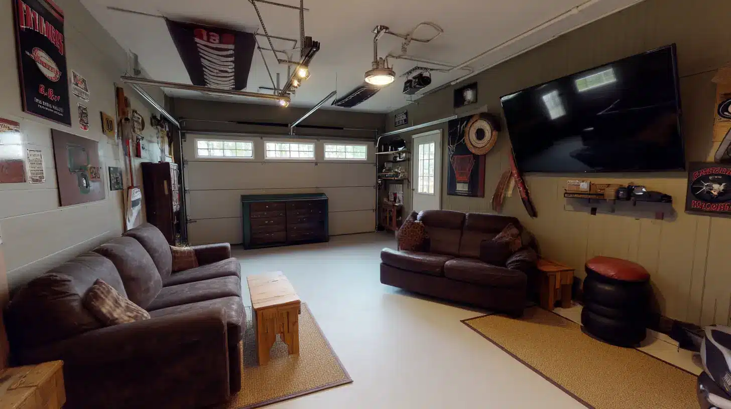 Garage man cave with leather sofas wall mounted TV sports decor and garage door
