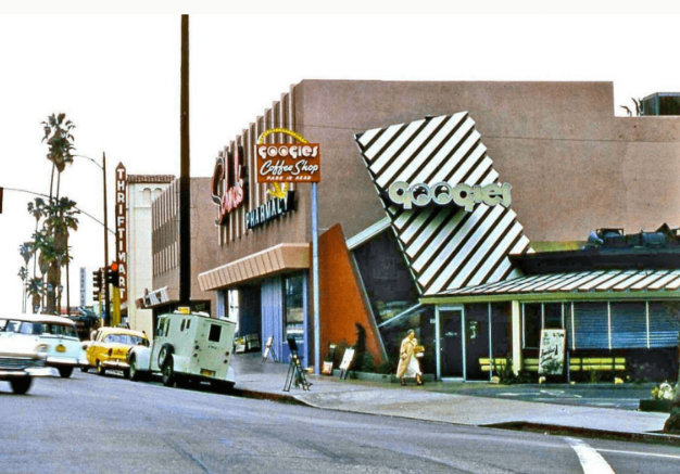 Vintage Googie’s Coffee Shop on Sunset Boulevard, featuring bold angles, striped roofing, roadside signs, and classic cars.