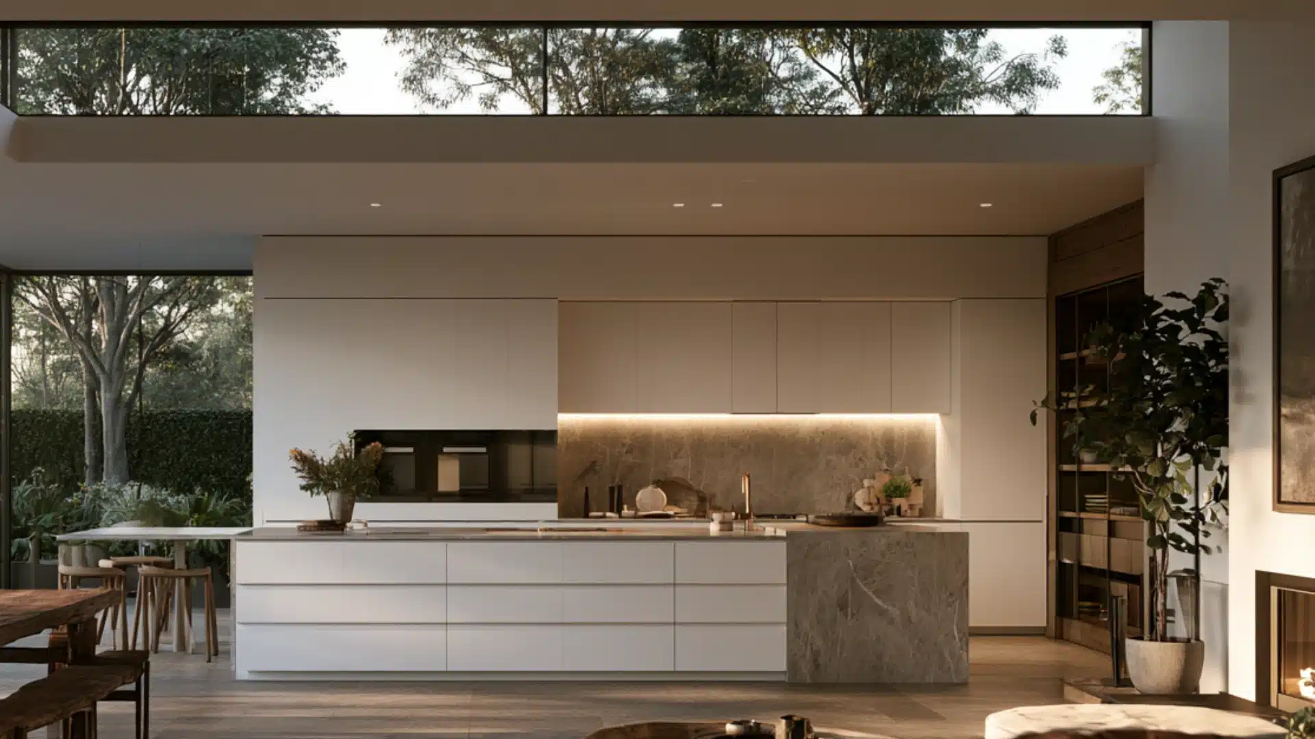 Modern kitchen featuring that enhance privacy while allowing natural light to enter the space.