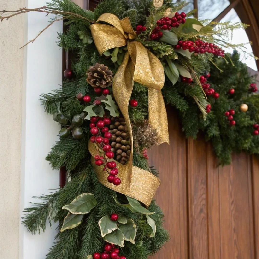 Festive evergreen wreath with red berries, pine cones, leafy greenery, and a large gold ribbon beside a wooden front door.