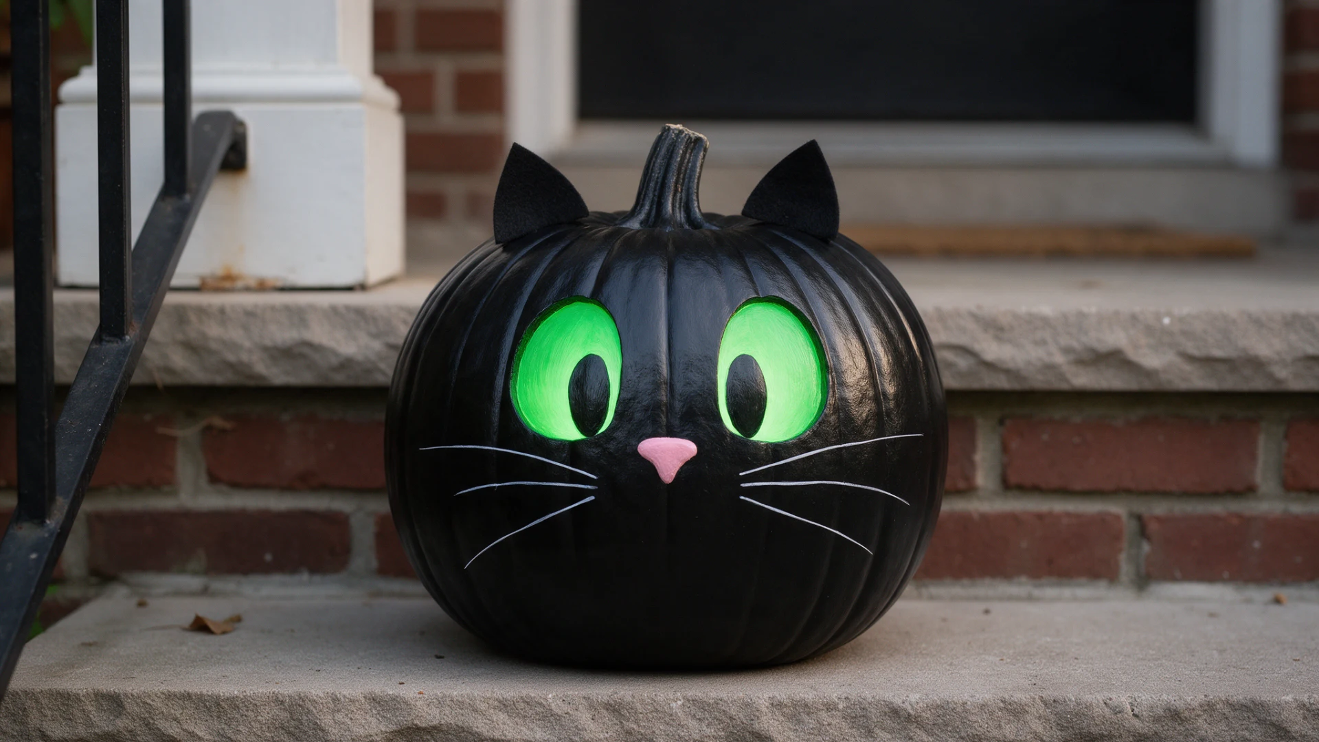 Black painted pumpkin styled like a cat with big green eyes on a doorstep