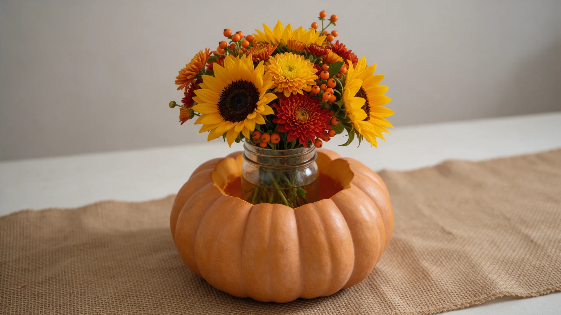 Glass vase of bright sunflowers and orange berries set inside a hollowed pumpkin.