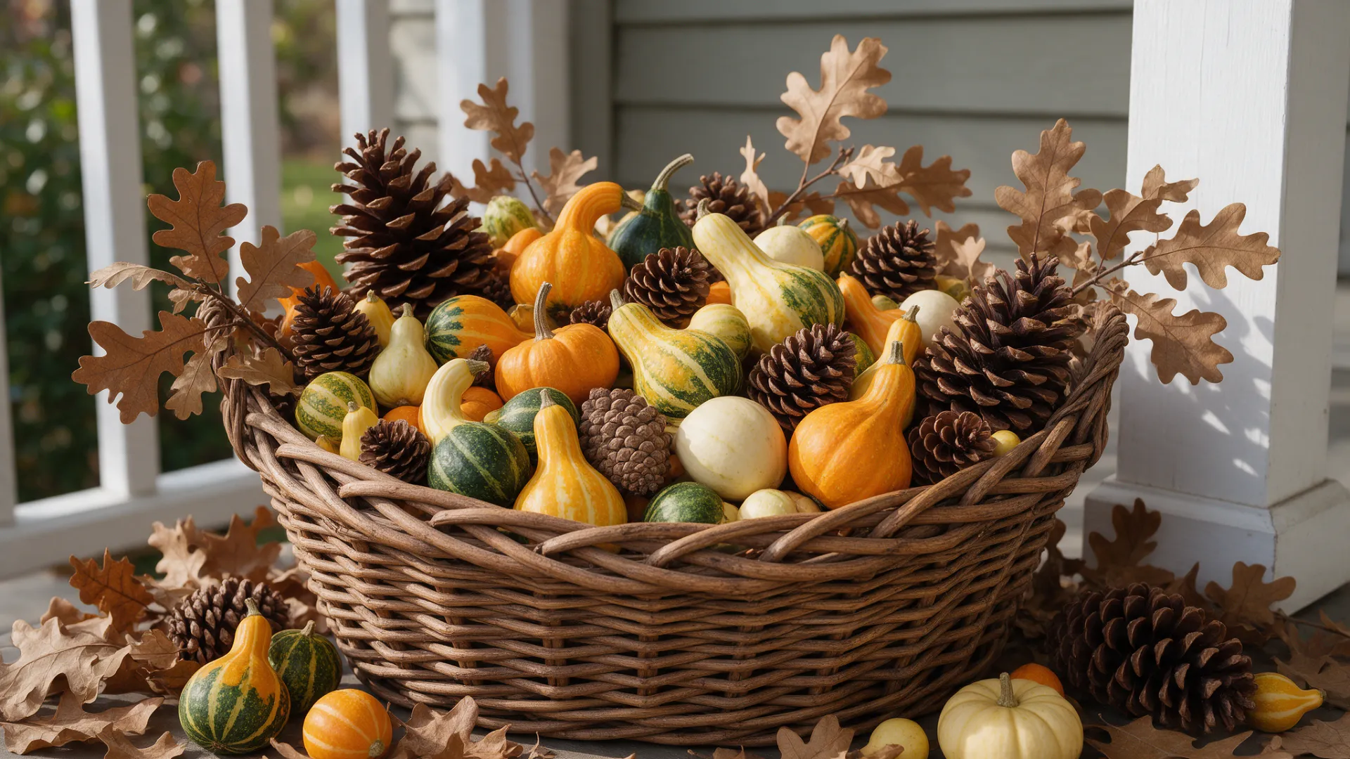 Woven basket filled with colorful gourds, mini pumpkins, pinecones, and oak leaves.