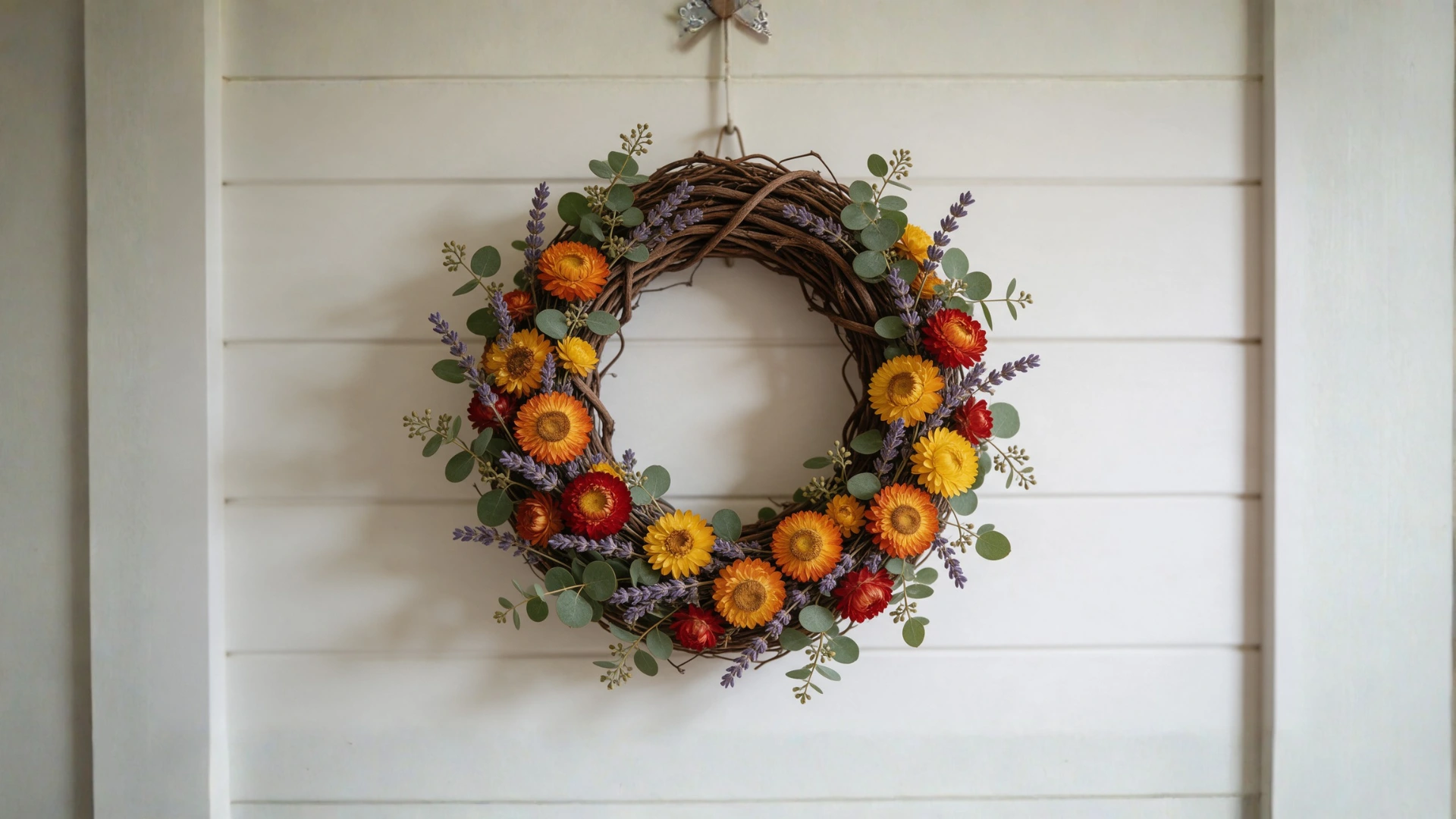 Woven grapevine wreath with orange, red, and yellow dried flowers and lavender sprigs