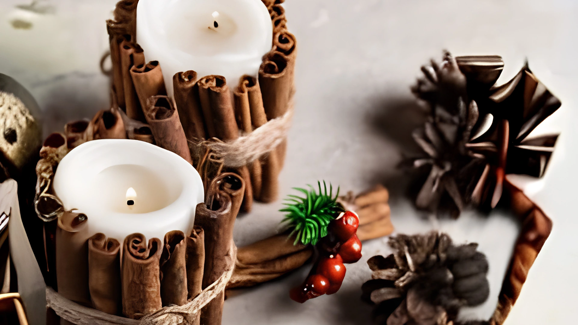 Lit white candles wrapped in cinnamon sticks with pinecones and berries nearby.