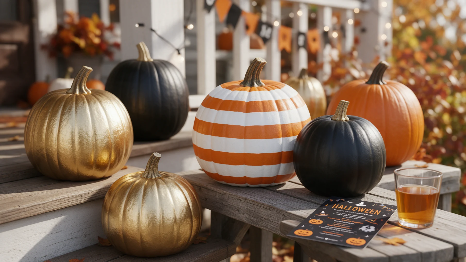 Collection of painted gold, black, and striped pumpkins on a wooden porch.