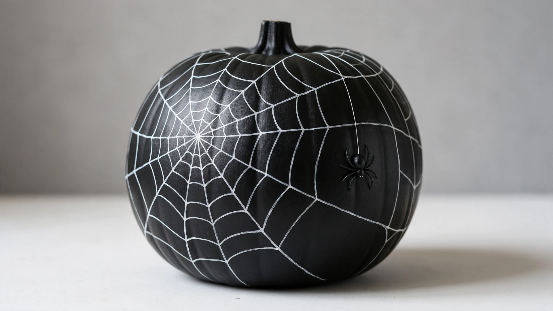 Black pumpkin decorated with a painted white spiderweb and a small black spider.