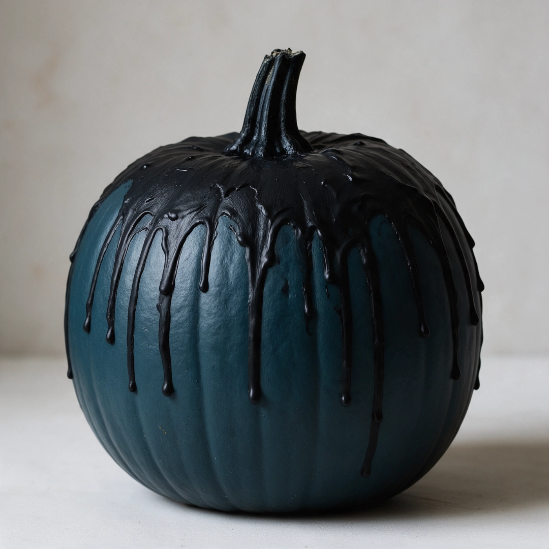 Pumpkin painted in white, orange, and yellow candy corn stripes next to a candy bowl.