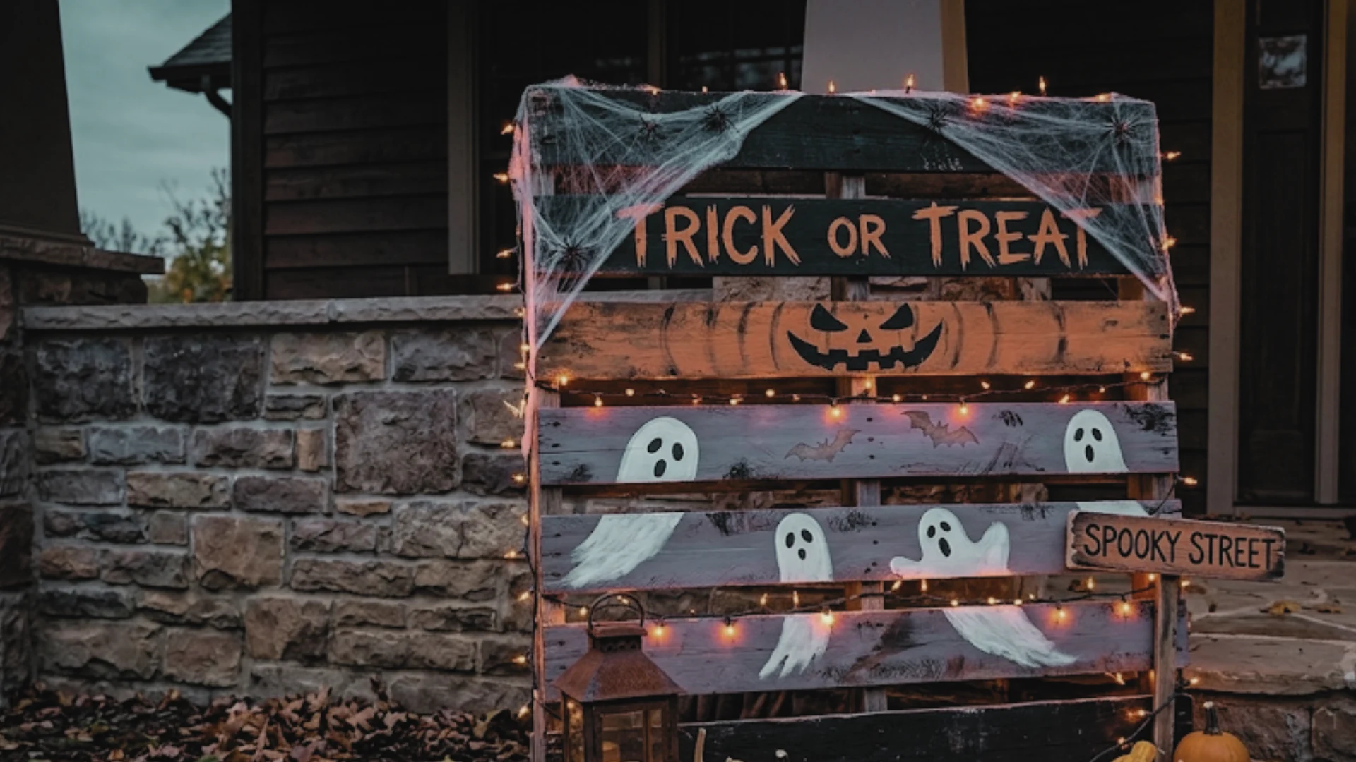 Halloween pallet display with painted ghosts, jack-o’-lanterns, cobwebs, string lights, and trick-or-treat signs on a porch.