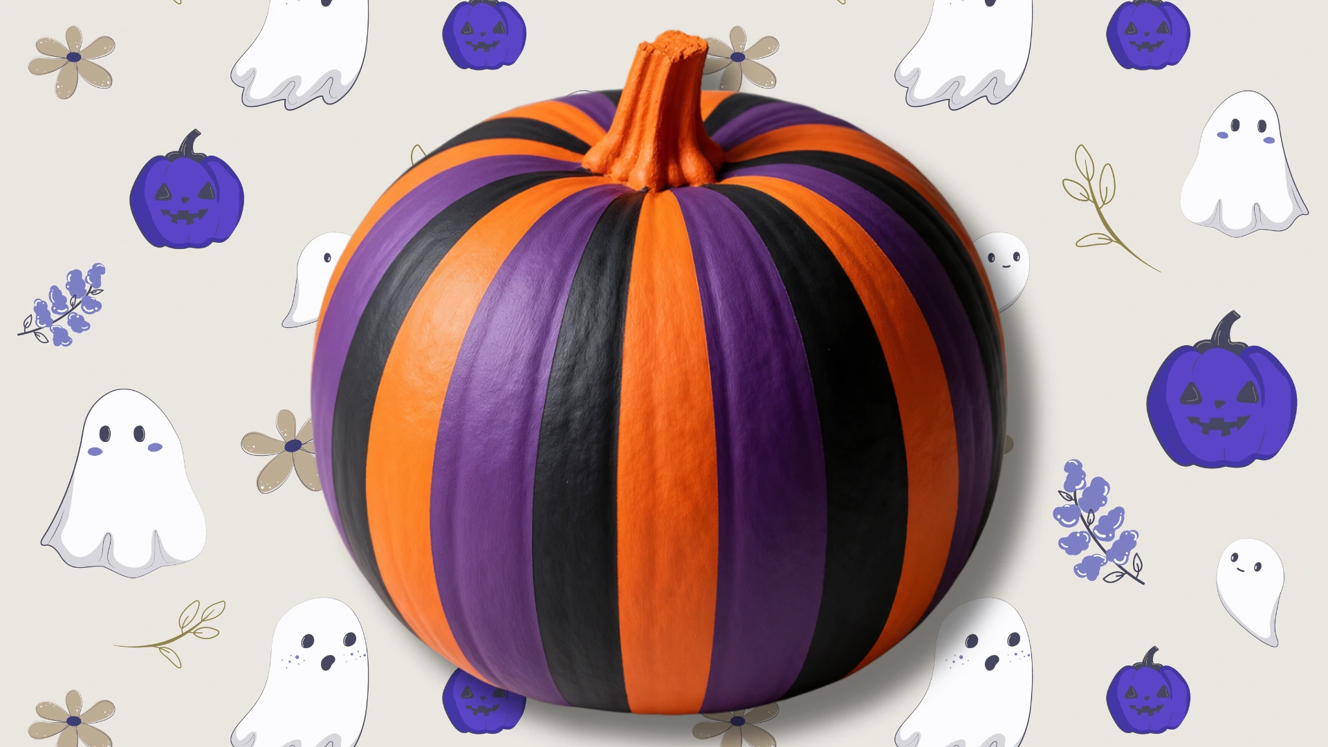Pumpkin painted with vertical stripes of purple, black, and orange.