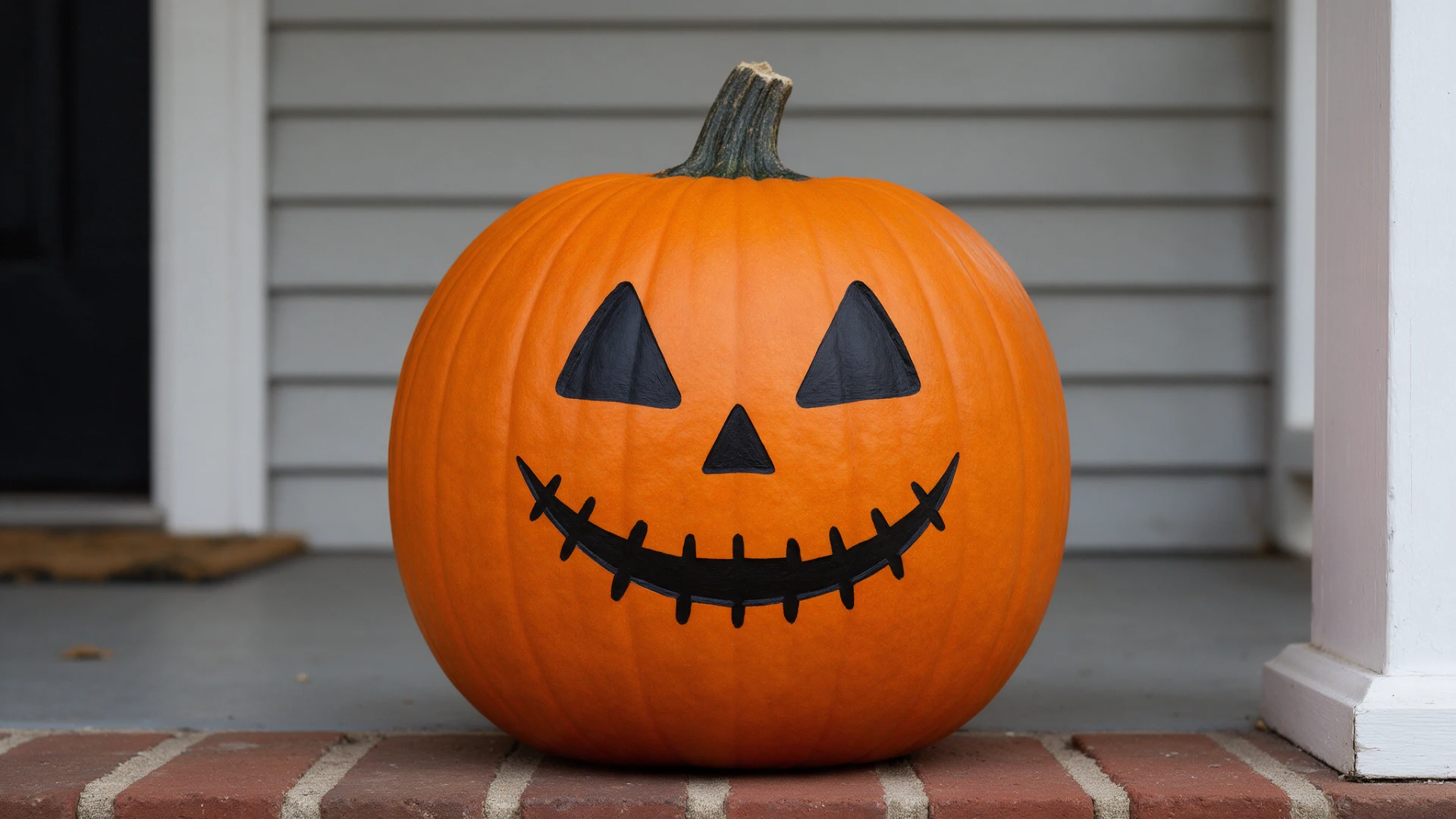 Orange jack-o'-lantern with painted black face features sitting on porch steps.