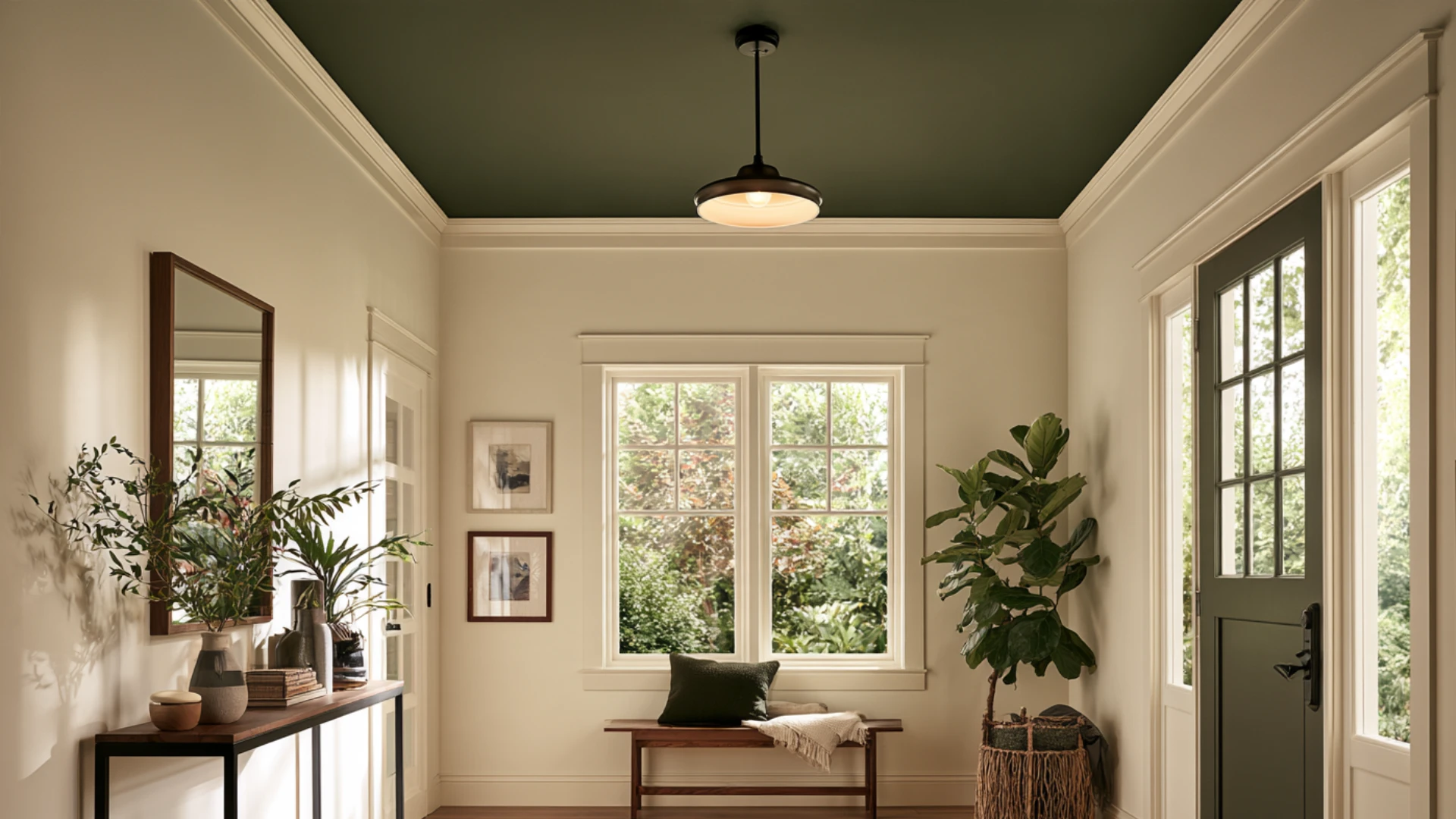 Bright entryway with dark green ceiling wooden bench large windows indoor plants and warm neutral walls.