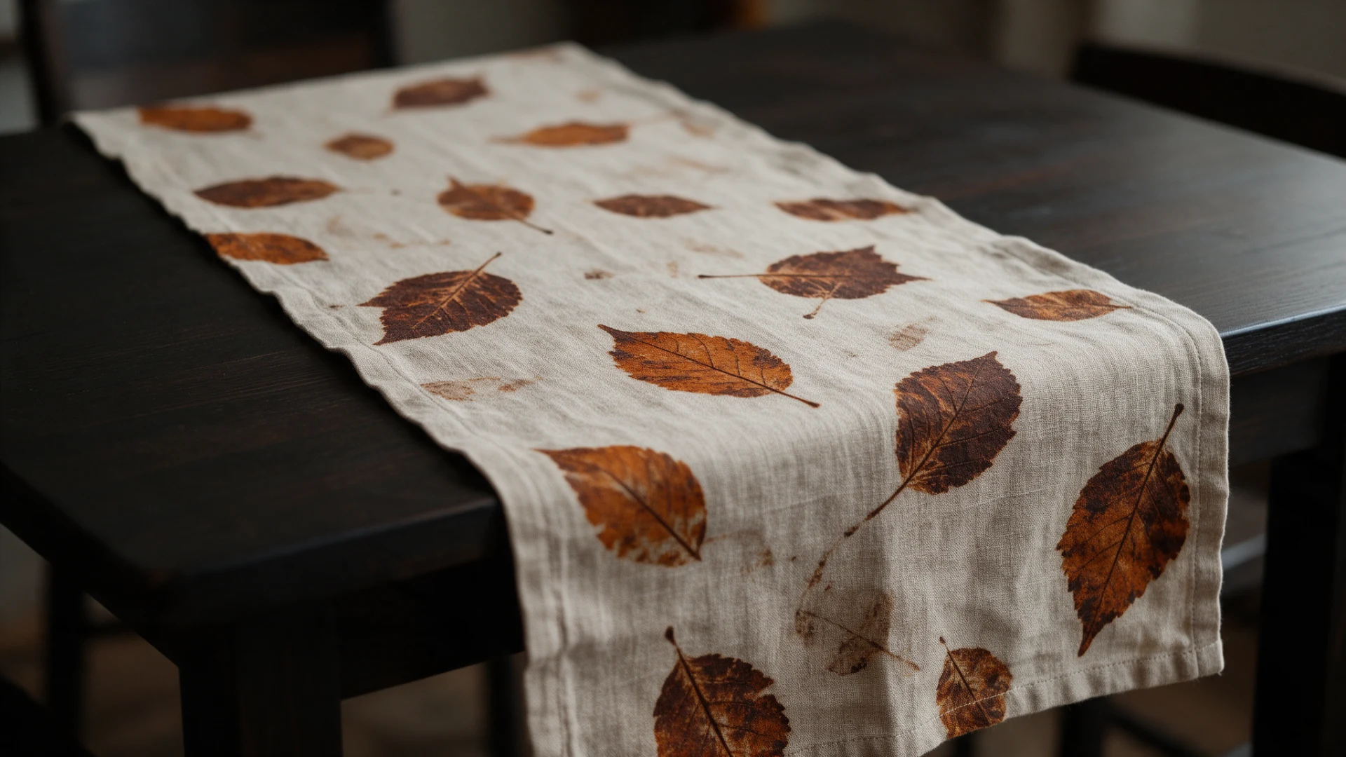 Neutral linen table runner printed with autumn brown leaves on a dark wooden table.