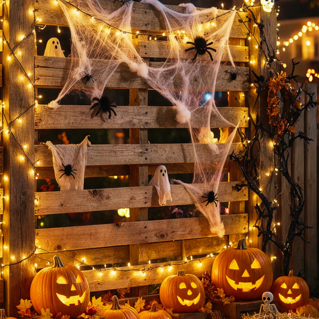 Haunted pallet fence with glowing string lights, spider webs, ghosts, black spiders, and jack-o'-lanterns for Halloween decor.
