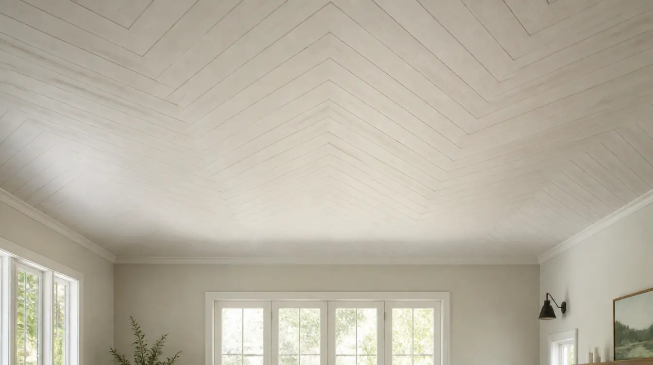 A bright interior with a white herringbone shiplap ceiling neutral walls large windows and understated natural decor