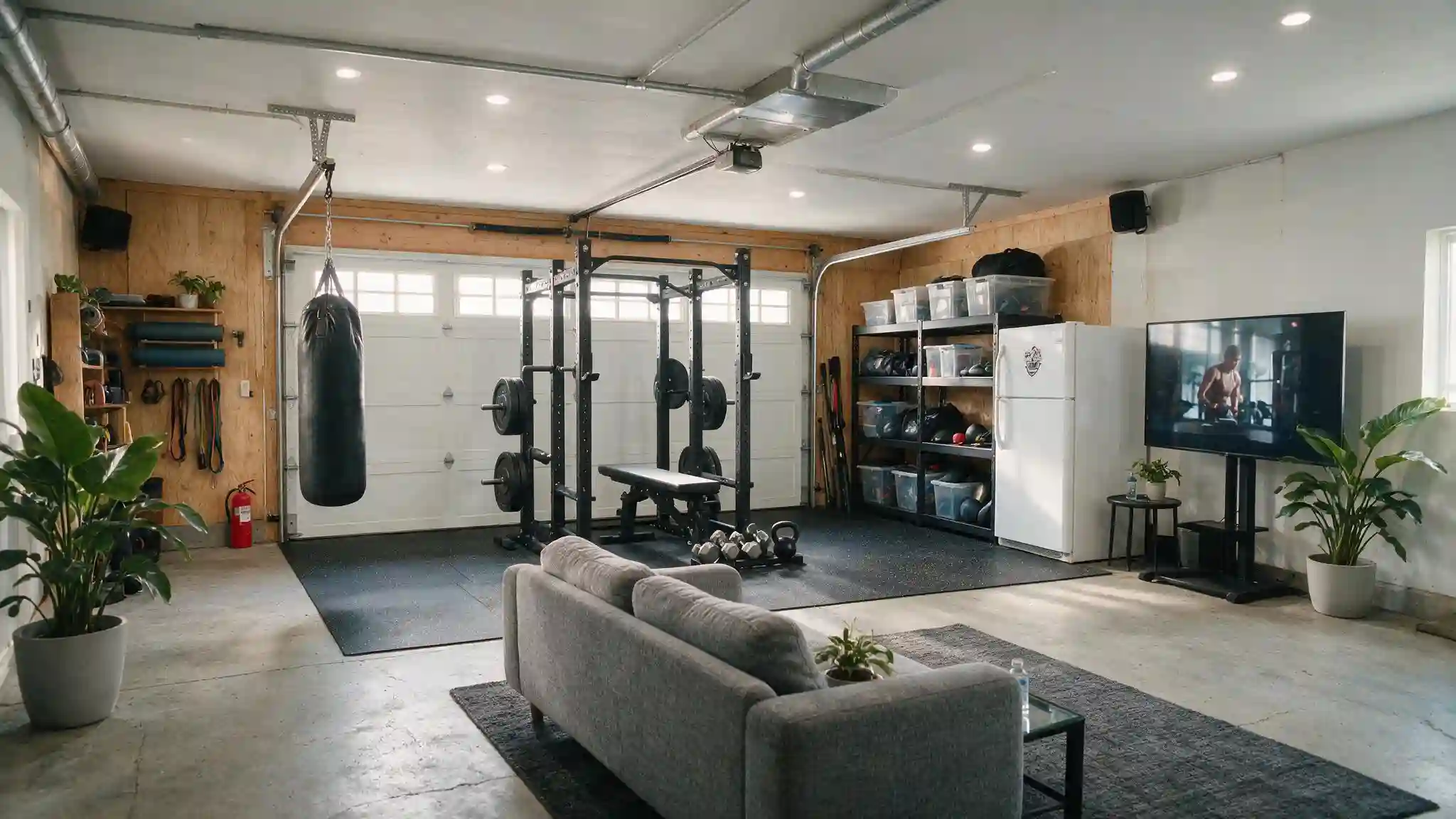 Home gym in a garage with a squat rack punching bag weights storage shelves television and seating area