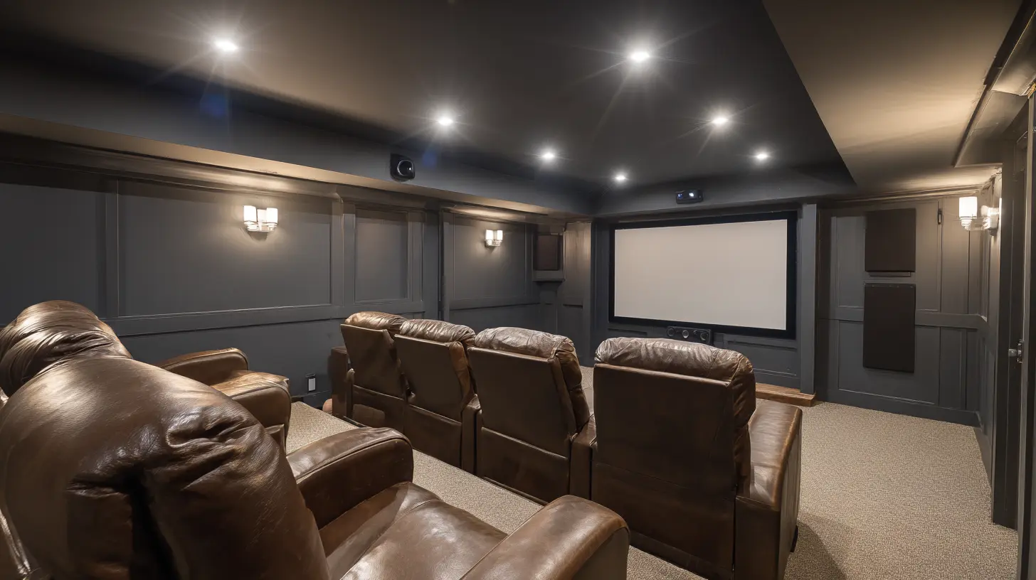 Home theater man cave with leather recliner seats projector screen surround sound and dark walls