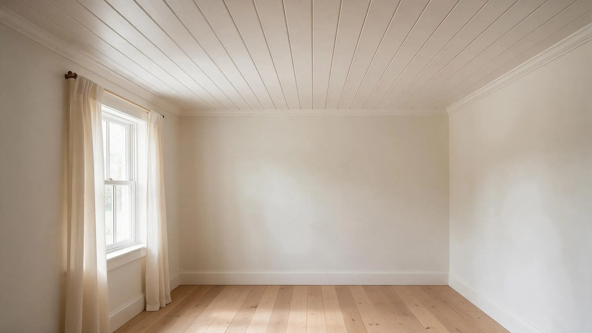 White shiplap ceiling in a bright room with large windows, cream curtains, and light wood flooring.
