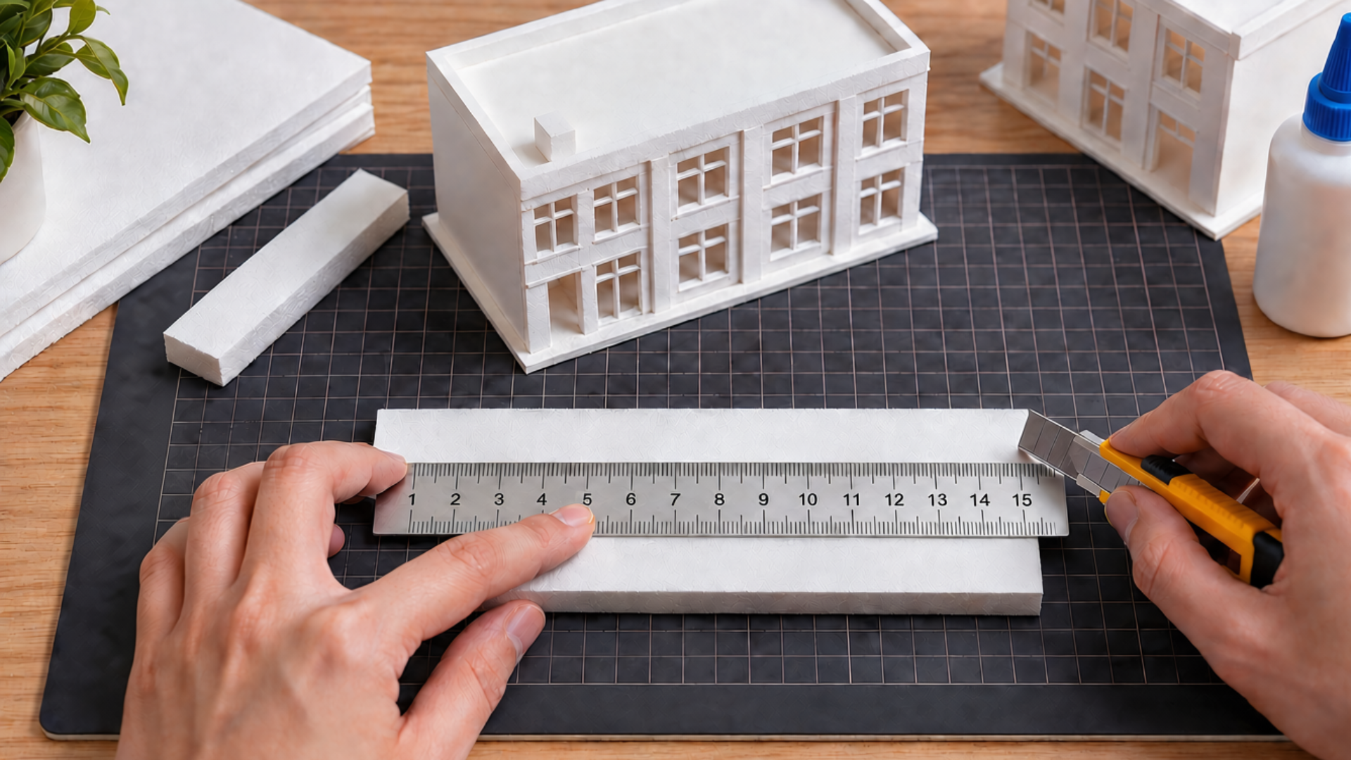 Hands measuring and cutting white foam board with a ruler on a gridded mat beside detailed architectural models.