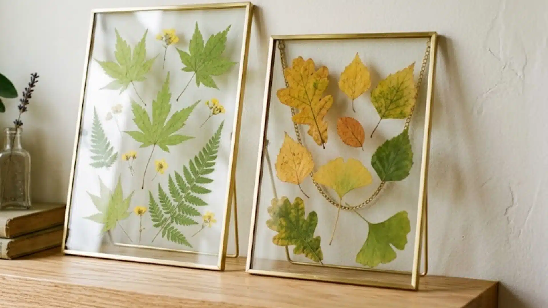 Framed pressed leaves resting on a wooden shelf next to potted plants and stacked books.