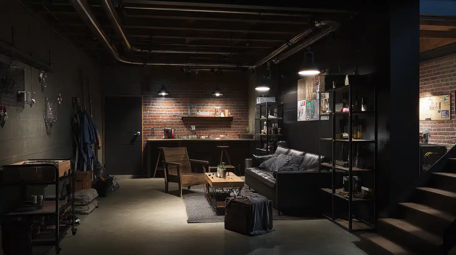 Industrial style man cave with exposed brick walls dark furniture open shelving and bar area