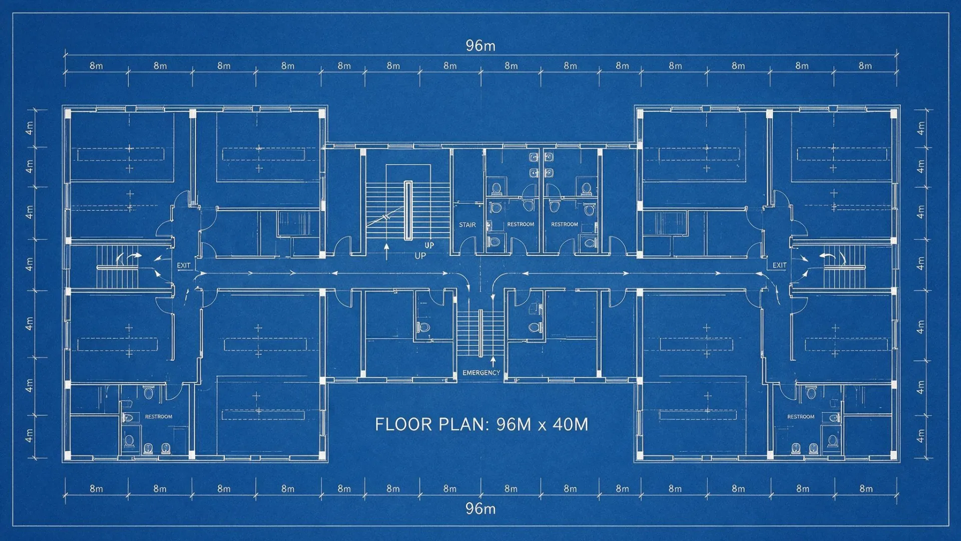 Institutional architectural blueprint showing a large symmetrical floor plan with rooms restrooms stairs corridors exits and dimensions