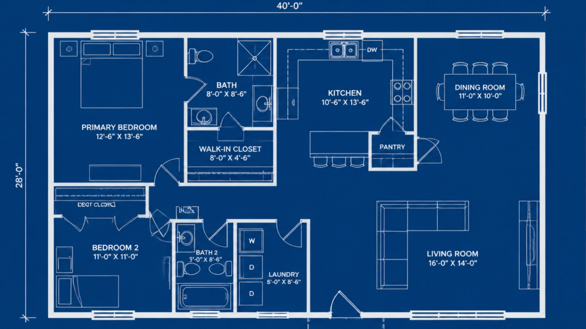 Interior architectural blueprint showing two bedrooms bathrooms kitchen dining room living room laundry walk in closet and dimensions